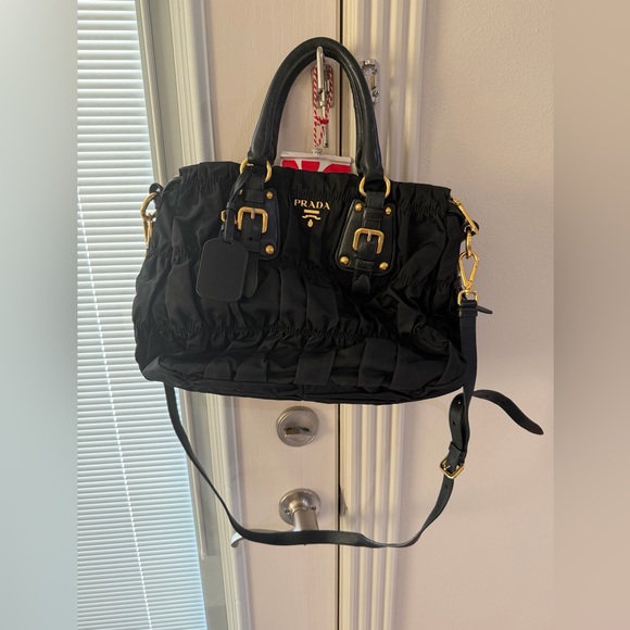 Prada Black Ruched Tessuto Shoulder Bag with Gold-Tone Hardware